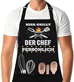 XCSJKJ Grillschürze für Männer Kochschürze Herren lustig, Grill Schürze für Männer küchenschürze Herren Personalisiert Grill Schürze mit 2 Taschen Geschenke Grill Schürze Schwarz HIER GRILLT DER CHEF