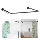 Duschvorhangstange U Form/L Form, [60-92] × [78-196] × [60-92] cm Verstellbare Duschstange Ecke mit 12 Vorhangringen & Deckenstütze für Badewanne/Badezimmer, Bohr-Montage Erforderlich, Schwarz