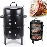 Räucherofen 3 in 1 Smoker Grill Holzkohlegrill 40x40x84cm Räuchertonne Räuchergrill 2 Lagen Räuchern Räucherofen mit Deckel Smoker Grill, Holzkohlegrill mit Deckel, Kohlegrill