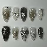Yamobi 24 Stück Schwarze Press-on-Nägel Medium Almond Fake Nails mit 3D Metall Schleife Perlen Design, Schwarzer Gradient, Falsche Nägel, Wassertropfen