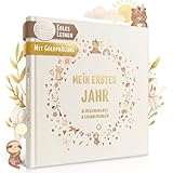 EULENTALER® Das Babyalbum mein erstes Jahr 'BOHO' I Von Pädagogen gestaltet I Mit handgemalten süßen Illustrationen I Echtes Leinencover + Goldprägung I Babytagebuch für Jungs & Mädchen zur Geburt