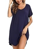 Aseniza Damen Nachthemd Kurzarm Baumwolle Nachtwäsche Negligee Loose fit Schlafhemd Kurze Sommer Schlafshirt Knielang Nachtkleid,A-Dunkelblau,XXL