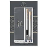 Parker Jotter Duo-Geschenkset mit Kugelschreiber und Füller, Edelstahl mit Goldzierteilen, Nachfüllmine und -patronen mit blauer Tinte, Geschenkbox