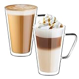 ecooe Doppelwandige Latte Macchiato Gläser Set Borosilikatglas Kaffeetassen Glas 2er Set 450ml Kaffeeglas Teegläser mit Henkel für Cappuccino,Latte Macchiato,Tee,EIS,Milch,Bier