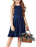 Arshiner Mädchen Sommer Kleid Neckholder Abendkleid Einfarbig Midikleid A-Linie Rüschensaum Partykleider Kinder Festliche Kleider Marineblau Freizeitkleid Mädchenkleidung mit Gürtel 150/11-12 Jahre