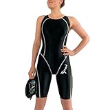 Tyron Speed Line Schwimmanzug Full-Knee (schwarz/weiße Naht) | Badeanzug für Damen & Mädchen | Sport Badeanzug für Training und Wettkampf | Schwimmer (M)