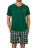 Leversic Zweiteiliger Schlafanzug Herren Kurz Baumwolle mit Karierter V-Ausschnitt, Shorty Pyjama Herren Set Sommer Nachtwäsche Pajamas for Männer, 308-Dunkelgrün, L