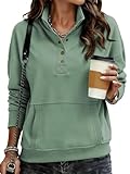 Cuptacc Sweatshirt Damen Stehkragen Pullover Damen Henley Langarm Oberteile Mit Taschen Enthält Baumwolle Hellgrün XXL 50-52