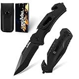 Ogival Klappmesser (Zweihandmesser),20CM Taschenmesser mit Aluminiumgriff und Taschenclip, 5-in-1 Edc Messer mit Nylonscheide, für Outdoor,Camping,Fischen,Jagen,Schwarz