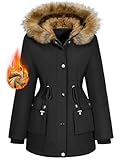 Xnova Damen Wintermantel Parka Fleece Gefüttert Warm mit Fellkapuze, Wasserdicht Winterjacke Mittlere Länge mit Reißverschluss Knopfverschluss, Winddicht Outdoorjacke Mantel Draussen (Schwarz, S)