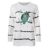 Blusen und Tops, 2020 Crooked Owl Printed Striped Round Neck Loose Long Sleeve Sweatshirt Blusen für Damen Elegant (Weiß, 5XL)