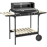 Outsunny Holzkohlegrill aus Metall höheverstellbar Grillrost, BBQ Smoker mit Räder, Holzablage, fahrbar Kohlegrill Grillwagen, Holzkohle Grill für Terrasse Camping, Barbeque, 103x47x95 cm