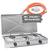 TruWare Gaskocher 3 flammig Campingherd Gas Kochfeld tragbarer Gasherd für Gasflasche mit Schlauch | 2,5kW … (silber)