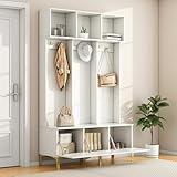 Sweiko Multifunktionaler Schrank mit Aufbewahrungsbank, 120 x 40 x 191,5 cm, 6 Haken und goldfarbene Füße, 6 Aufbewahrungsfächer, für Eingangsbereich, Wohnzimmer (weiß)