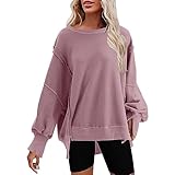 Damen-Sweatshirt mit Rundhalsausschnitt, einfarbig, Seitenschlitz, langärmelig, lockere Passform, Sportkleidung, Kapuzenpullover, rose, L