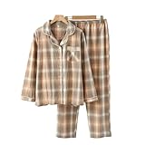 JHSDHYD Damen Schlafanzug Damen-Schlafanzug aus Baumwolle, 2-teiliges Set, langärmelige Hose, Schlichter Pyjama mit Karomuster, Homewear, Nachtwäsche(Brown,L)