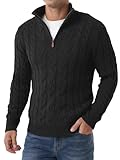 QIXING Herren Strickpullover Troyer Grobstrick Viertelzip Standkragen Pullover mit Zopfstrickmuster Reißverschluss Regular fit Pulli (Schwarz, XL)