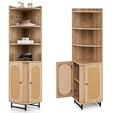 KOMFOTTEU Bücherschrank Rattan, Eckschrank Holz mit 2 PE-Rattantüren, Bücherregal mit 4 offenen Regalen, Hochschrank Badezimmerschrank 40 x 40 x 172 cm mit Kippschutz