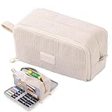 VICDUEKG Federmäppchen aus Cord-Stoff Federtaschen Mäppchen mit 3 Fächer Schulmäppchen Große Kapazität Stiftetasche Pencil Case für Schule & Büro (Beige)