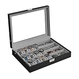 SONGMICS Uhrenbox, abschließbarer Uhrenkasten, Uhrenkoffer, Organizer für Uhren, mit 16 Fächern, Glasdeckel, Geschenk für die Liebsten, PU-Bezug in Schwarz, Samtfutter in Taubengrau JWB112G01