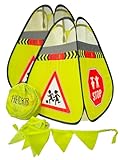 HECKBO 2x Straßenwarnschild Achtung Kinder Schild spielende Pylonen + Wimpelkette - Kinder Straßenpylone Kinder Sicherheit Safety Pop Up Set - Vorsicht Kinder Street Buddy Warnkegel