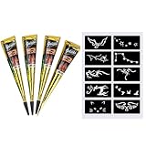 Lictin 4 Stück Henna Tattoo Temporäre Tattoos mit Henna Tattoo Schablonen Henna Tattoo Creme Schwarz Tattoo Set mit Handschuhe Tattoo Sticker Natürliche Kegel Henna Haarfarbe