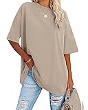 Ebifin Oversize T Shirt Damen Rundhals Kurzärmeliges Tops Casual Lockere Basic Sommer Tee Shirts Bluse.Khaki.L