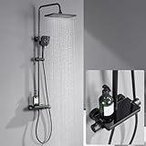 Lonheo Duschsystem Schwarz mit Thermostat, Duscharmatur Komplettset mit Glasablage, Regendusche mit Armatur und 30X19cm Duschkopf, Handbrause mit 3 Strahlarten, 88-124cm Höhenverstellbar
