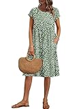 AUSELILY Damen Kurzarm Knielange Sommerkleider Sommer Lockeres Freizeitkleider Empire Kleider mit Taschen Olivgrünes Blatt L