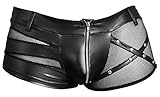 Orion Herren-Pants - erotische Boxer-Shorts für Männer, mit Front-Reißverschluss, unterlegtem Netz-Stoff, Leder-Gürtel, Nieten-Verzierungen, schwarz
