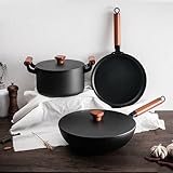 Gusseisen Kochgeschirr Set - 5-teiliges Induktionsfertiges Topf- und Pfannenset mit Holzgriff und Deckel für vielseitiges Kochen