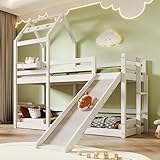 TZCIN Kinderbett Baumhaus mit Rutsche & Leiter 90 x 200 cm, Etagenbett Hochbett für Kinder, Stockbett Jugendhochbett mit Rausfallschutz und 2X Lattenrost, Weiß, Ohne Matratze