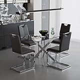 GOLDFAN Esstisch Set 110cm mit 4 Kunstleder Hochlehner Stühlen Rechteckiger Glastisch mit 4 Stuhl für Küche, Esszimmer & Wohnzimmer (Grau)