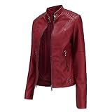 Generisch Damen Lederjacke Rot, Größe M, Stehkragen, Bikerjacke, Langarm, Kurze Länge, Ungefüttert, 3 Taschen, Medium, EU, Leder, Triangular, Frauen, Damen, Motorradjacke