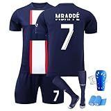 Fußball Trikot Set für Kinder, Hause Trikot Nr. 7 Fußballtrikot Trainingsanzug für Jungen, mit T-Shirt, Shorts Socken Schienbeinschoner und Fixierbänder (A, 24)