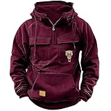 Herren-Kapuzenpullover mit halbem Reißverschluss, klassisch, stilvoll, Obermantel, Biker-Outwear, mit Taschen, Vintage, winddicht, lässig, Outdoor-Jacken, einfarbig, modische Winterjacke, wein, XL