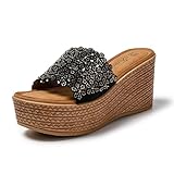 JOMIX Sommerschuhe Damen Keilabsatz Bohemia Flach Sandalen mit Strass Strandsandalen Pantoletten Plateau Römersandalen (Schwarz, 40 EU, SD9102)