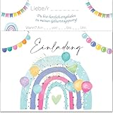 Einladungskarten Kindergeburtstag Regenbogen – 20 Stück A6 mit buntem Regenbogen-Motiv – Aus recyceltem Karton
