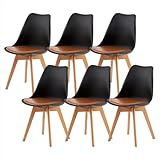 H.J WeDoo 6 Stück Esszimmerstühle, skandinavisch, Klassische Küchenstühle mit Kissen aus Leder, Braun & Massivholz, Schwarz & Braun