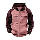 Generisch Kapuzenjacke Herren Mit ReißVerschluss Sweatjacke Hoodie - Multi Taschen Sweatshirts Mit Kapuze Kapuzenpullover Sportjacke Arbeitsjacke - Oversize Farbblock Outdoorjacke Vintage