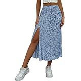 YLCYDLYU Rock Lang Damen Blumig Bedrucktes Frauen-Halbkörper-Rock Mittlerer Taille Halber Länge Rock-2 Blau-XL