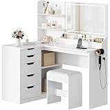 TRIUMPHKEY Schminktisch mit Spiegel, Eck Frisiertisch mit LED Beleuchtung Verstellbarer Helligkeit und hocker, Kosmetiktisch mit 5 Schubladen, Steckdose, Haartrocknerhalter (Weiß)