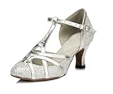 Minitoo qj6133 Damen Geschlossen Zehen High Heel PU Leder Glitzer Salsa Tango Ballsaal Latin t-strap Dance Schuhe, Silber Silver-6cm Heel ,40 EU/7 UK