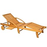 Outsunny Sonnenliege Holz klappbar Gartenliege mit Seitentisch, Rolle, Liegestuhl mit 4-Fach verstellbare Rückenlehne, Campingliege, Gartenstuhl bis 160 kg belastbar, für Garten Strand, Teak