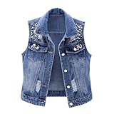 HUIFUAO Denim-Jacken für Damen, Übergröße, ärmellos, Jeansjacke, trendig, Strass, Denim-Weste, Shacket Distressed Trucker-Mantel, Weste mit Tasche, blau, XXL