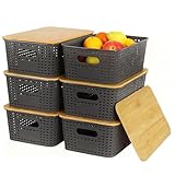6er-Set Aufbewahrungsbox mit Bambus Deckel & Griff, Stapelbare Imitierter Rattan Kunststoff Aufbewahrungsboxen, Schwarz Stapelboxen Aufbewahrung Korb für Küche Schlafzimmer Badezimmer Wohnzimmer