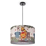 Paco Home Hängelampe Pendellampe Mädchen Junge Kinderzimmer Deckenlampe Stoff Lampenschirm Dschungel Tiere E27 1,5m Textilkabel Kürzbar Dino Löwe Zoo