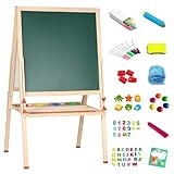 Tafel Holz Kindertafel Malerei Holztafel Doppelseitige Kreidetafel und Whiteboard Höhenverstellbar Standtafel mit Magneten und Zubehör (ab 3 Jahre)