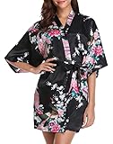 Vlazom Kimono Satin Robe Morgenmantel Kurz V-Ausschnitt Bademantel mit Gürtel Kimono Robe für Damen(L,Schwarz