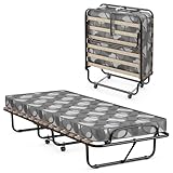 COSTWAY 80x190cm Gästebett mit Matratze aus Rückstellschaum, Klappbares Einzelbett, Stabiler Metallbett bis 130kg belastbar, Klappbett auf Rädern, Faltbett Gästezimmer, Tragbares Bett, Grau